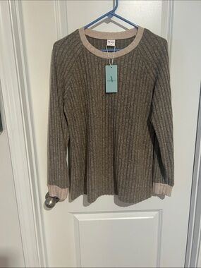 Spell Ribbed Crewneck Sweater in Taupe with Cream Trim